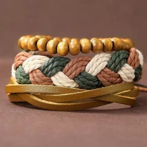 3pcs Mens Vintage Handmade Bracelet Set Brown NEW Woven